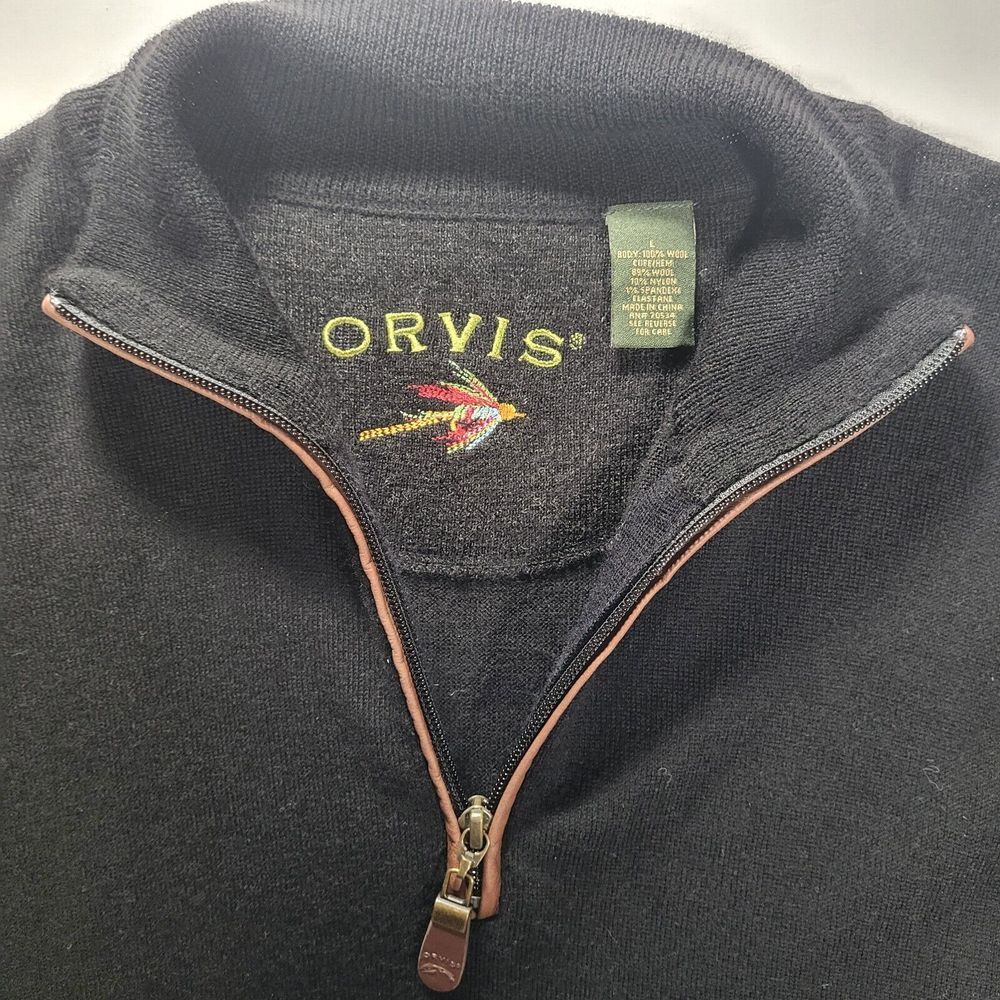 Orvis Men's‎ Large 100% Wool 1/4 Zip Black Long Sleeve Sweater
